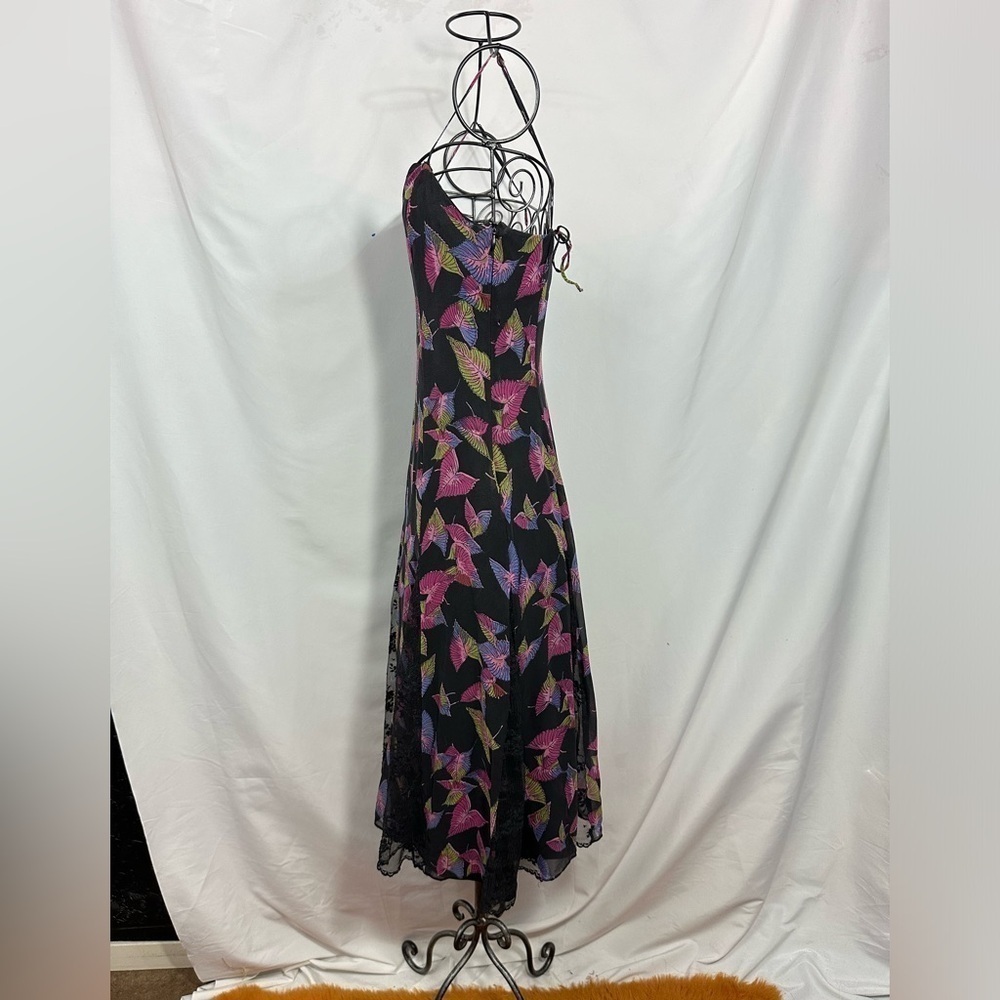 Y2K Betsey Johnson New York silk black leaf print midi dress size 6 - Picture 9 of 13